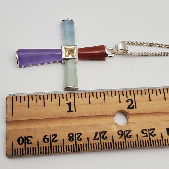 Sterling Silver Real Multicolor Jade Gem Cross Pendant w/ 24" Necklace - Picture 8 of 10